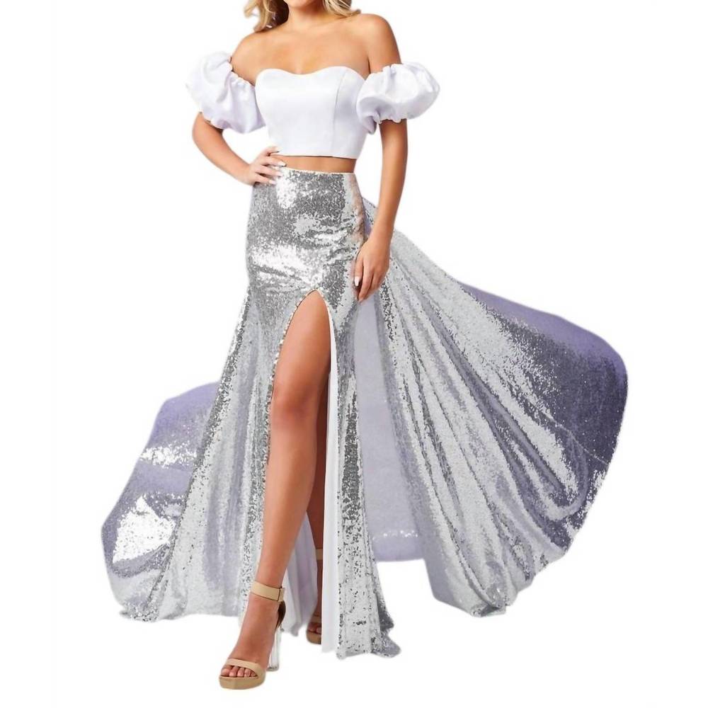 NEW RACHEL ALLAN two-piece bubble sleeve prom dress in white/silver